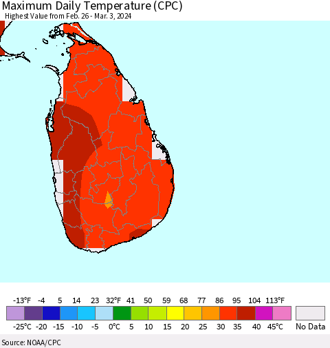 Sri Lanka Maximum Daily Temperature (CPC) Thematic Map For 2/26/2024 - 3/3/2024
