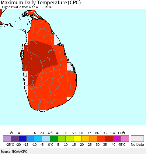 Sri Lanka Maximum Daily Temperature (CPC) Thematic Map For 3/4/2024 - 3/10/2024