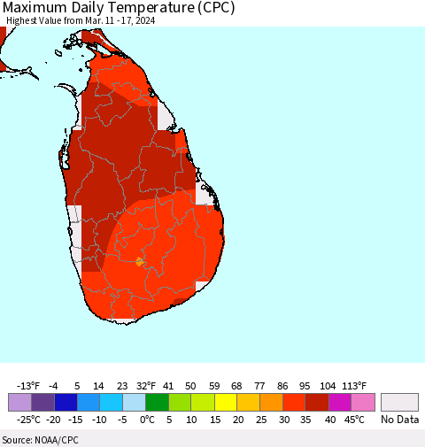 Sri Lanka Maximum Daily Temperature (CPC) Thematic Map For 3/11/2024 - 3/17/2024