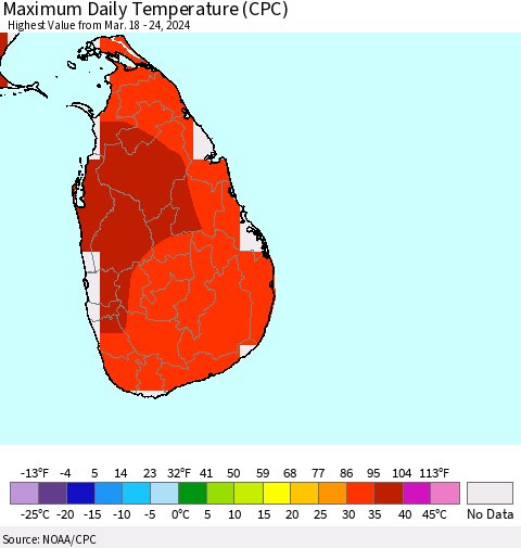 Sri Lanka Maximum Daily Temperature (CPC) Thematic Map For 3/18/2024 - 3/24/2024