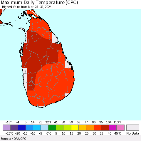 Sri Lanka Maximum Daily Temperature (CPC) Thematic Map For 3/25/2024 - 3/31/2024