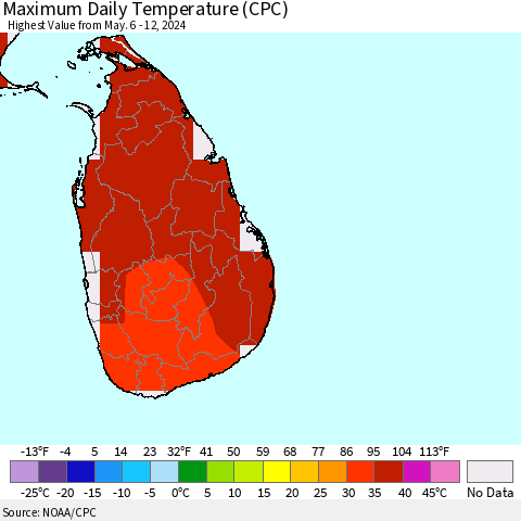 Sri Lanka Maximum Daily Temperature (CPC) Thematic Map For 5/6/2024 - 5/12/2024