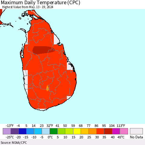 Sri Lanka Maximum Daily Temperature (CPC) Thematic Map For 5/13/2024 - 5/19/2024