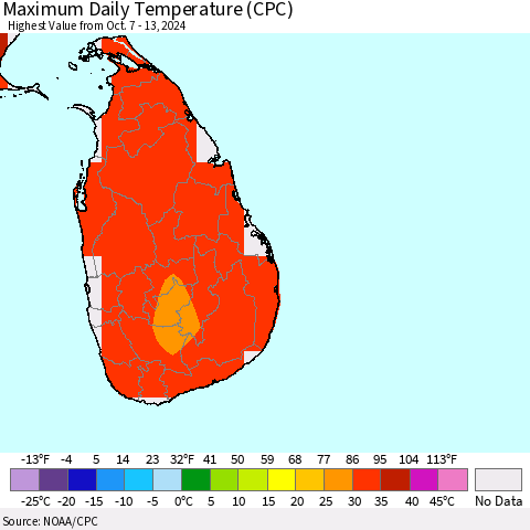 Sri Lanka Maximum Daily Temperature (CPC) Thematic Map For 10/7/2024 - 10/13/2024