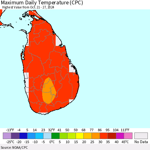 Sri Lanka Maximum Daily Temperature (CPC) Thematic Map For 10/21/2024 - 10/27/2024
