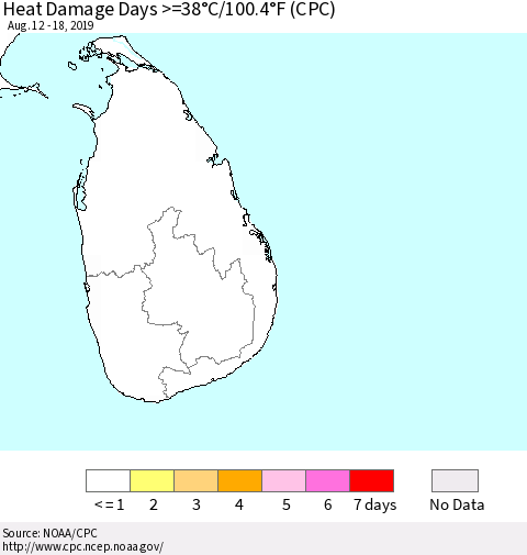 Sri Lanka Heat Damage Days >=38°C/100°F (CPC) Thematic Map For 8/12/2019 - 8/18/2019