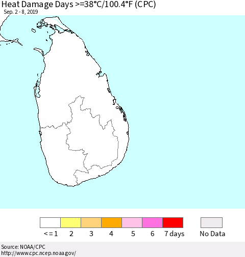 Sri Lanka Heat Damage Days >=38°C/100°F (CPC) Thematic Map For 9/2/2019 - 9/8/2019