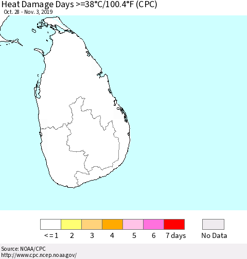 Sri Lanka Heat Damage Days >=38°C/100.4°F (CPC) Thematic Map For 10/28/2019 - 11/3/2019