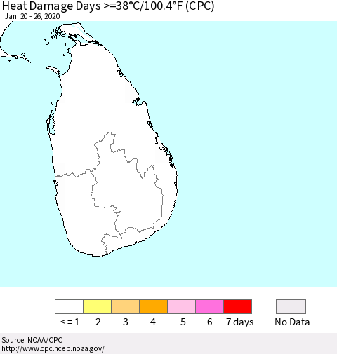 Sri Lanka Heat Damage Days >=38°C/100.4°F (CPC) Thematic Map For 1/20/2020 - 1/26/2020
