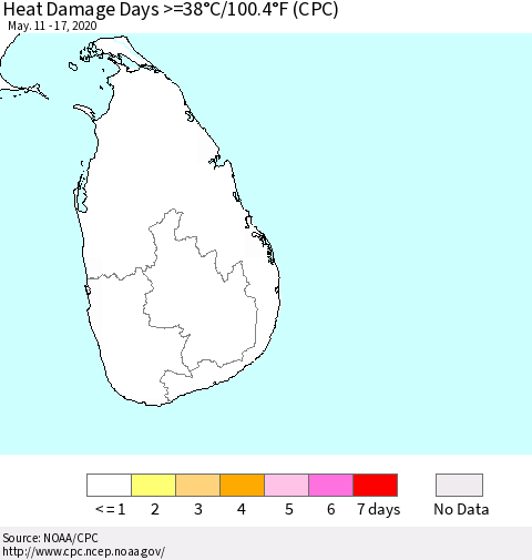 Sri Lanka Heat Damage Days >=38°C/100°F (CPC) Thematic Map For 5/11/2020 - 5/17/2020