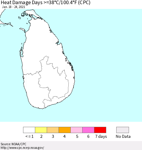 Sri Lanka Heat Damage Days >=38°C/100°F (CPC) Thematic Map For 1/18/2021 - 1/24/2021