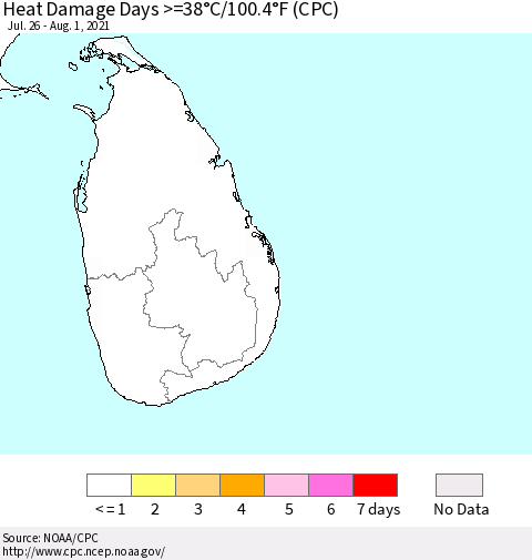 Sri Lanka Heat Damage Days >=38°C/100°F (CPC) Thematic Map For 7/26/2021 - 8/1/2021