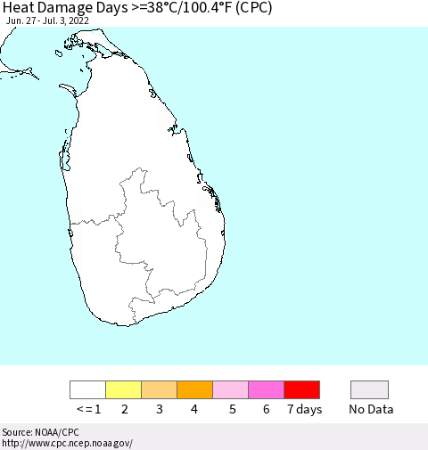 Sri Lanka Heat Damage Days >=38°C/100°F (CPC) Thematic Map For 6/27/2022 - 7/3/2022