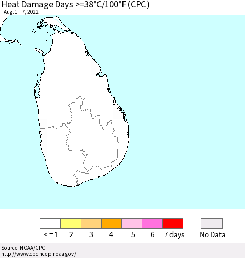 Sri Lanka Heat Damage Days >=38°C/100°F (CPC) Thematic Map For 8/1/2022 - 8/7/2022