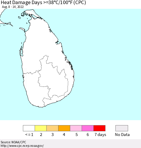 Sri Lanka Heat Damage Days >=38°C/100°F (CPC) Thematic Map For 8/8/2022 - 8/14/2022