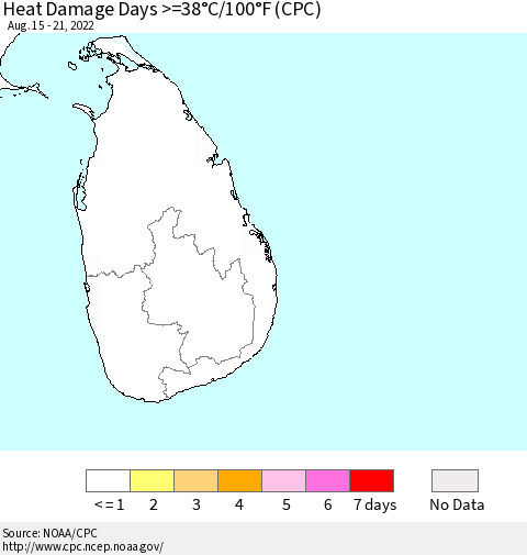 Sri Lanka Heat Damage Days >=38°C/100°F (CPC) Thematic Map For 8/15/2022 - 8/21/2022