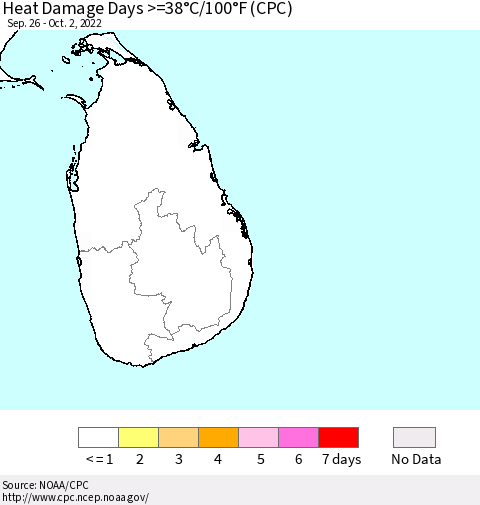 Sri Lanka Heat Damage Days >=38°C/100°F (CPC) Thematic Map For 9/26/2022 - 10/2/2022