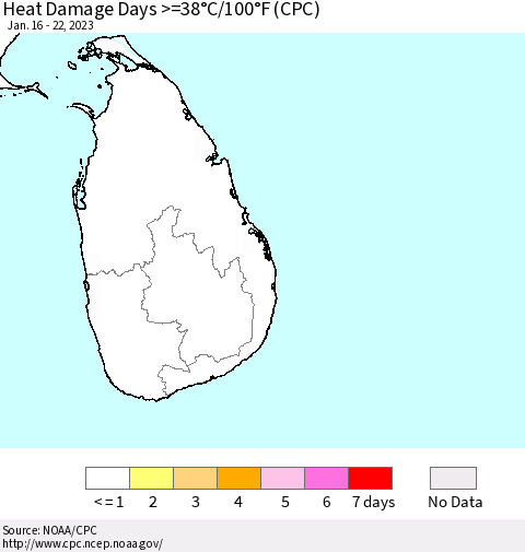 Sri Lanka Heat Damage Days >=38°C/100°F (CPC) Thematic Map For 1/16/2023 - 1/22/2023