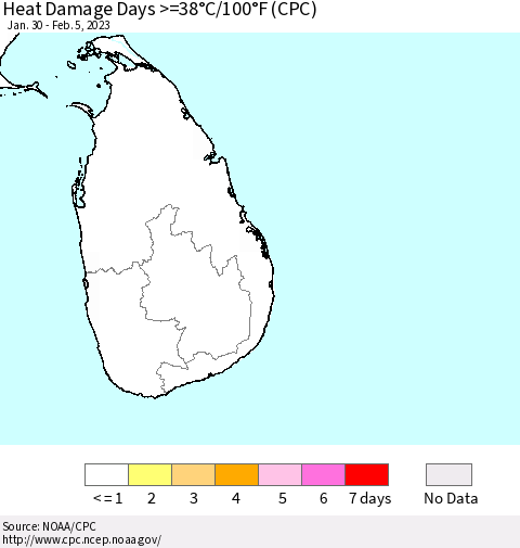 Sri Lanka Heat Damage Days >=38°C/100°F (CPC) Thematic Map For 1/30/2023 - 2/5/2023