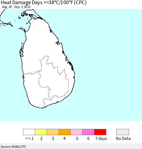Sri Lanka Heat Damage Days >=38°C/100°F (CPC) Thematic Map For 8/28/2023 - 9/3/2023