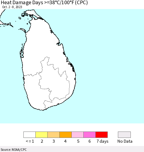 Sri Lanka Heat Damage Days >=38°C/100°F (CPC) Thematic Map For 10/2/2023 - 10/8/2023