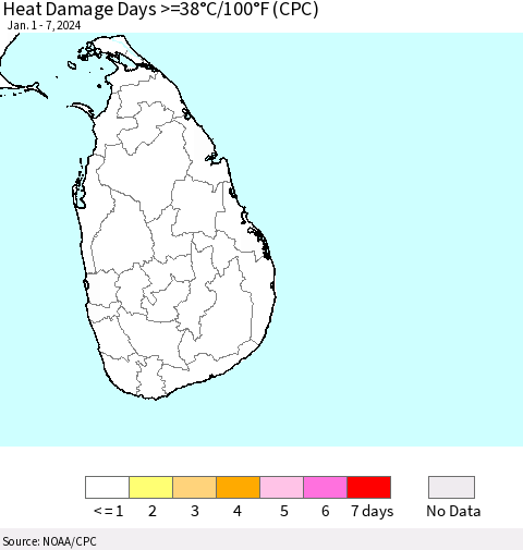 Sri Lanka Heat Damage Days >=38°C/100°F (CPC) Thematic Map For 1/1/2024 - 1/7/2024