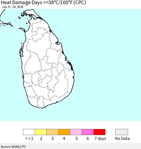 Sri Lanka Heat Damage Days >=38°C/100°F (CPC) Thematic Map For 1/8/2024 - 1/14/2024