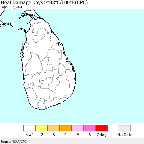 Sri Lanka Heat Damage Days >=38°C/100°F (CPC) Thematic Map For 4/1/2024 - 4/7/2024