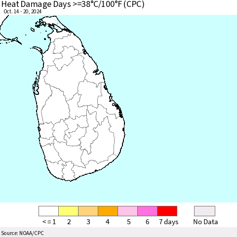 Sri Lanka Heat Damage Days >=38°C/100°F (CPC) Thematic Map For 10/14/2024 - 10/20/2024