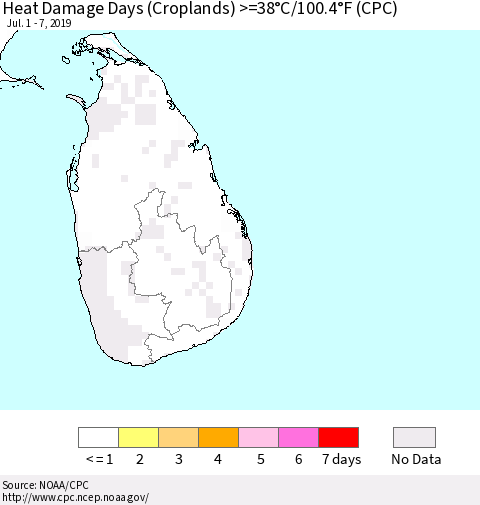 Sri Lanka Heat Damage Days (Croplands) >=38°C/100°F (CPC) Thematic Map For 7/1/2019 - 7/7/2019