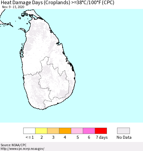 Sri Lanka Heat Damage Days (Croplands) >=38°C/100°F (CPC) Thematic Map For 11/9/2020 - 11/15/2020