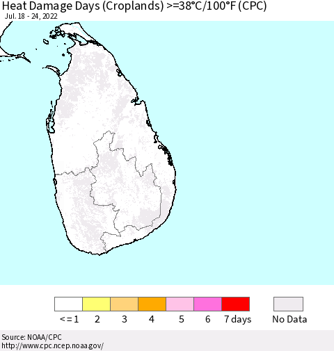 Sri Lanka Heat Damage Days (Croplands) >=38°C/100°F (CPC) Thematic Map For 7/18/2022 - 7/24/2022