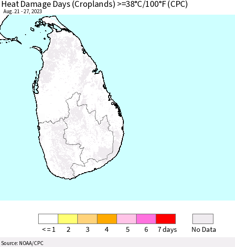 Sri Lanka Heat Damage Days (Croplands) >=38°C/100°F (CPC) Thematic Map For 8/21/2023 - 8/27/2023