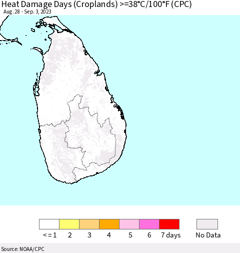 Sri Lanka Heat Damage Days (Croplands) >=38°C/100°F (CPC) Thematic Map For 8/28/2023 - 9/3/2023
