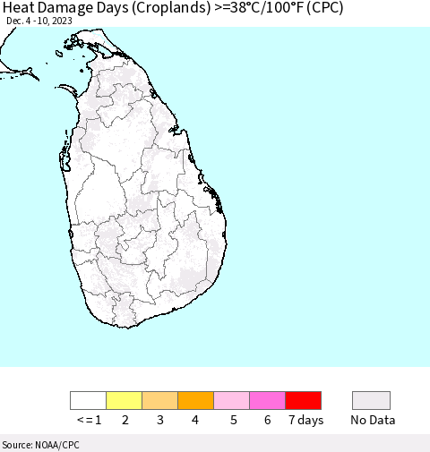 Sri Lanka Heat Damage Days (Croplands) >=38°C/100°F (CPC) Thematic Map For 12/4/2023 - 12/10/2023