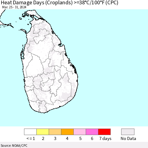 Sri Lanka Heat Damage Days (Croplands) >=38°C/100°F (CPC) Thematic Map For 3/25/2024 - 3/31/2024