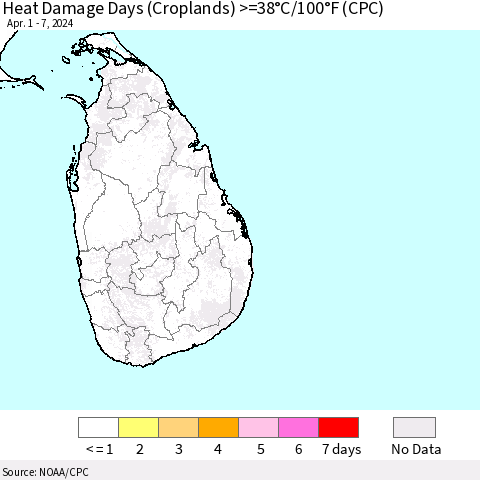 Sri Lanka Heat Damage Days (Croplands) >=38°C/100°F (CPC) Thematic Map For 4/1/2024 - 4/7/2024