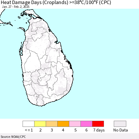 Sri Lanka Heat Damage Days (Croplands) >=38°C/100°F (CPC) Thematic Map For 1/27/2025 - 2/2/2025