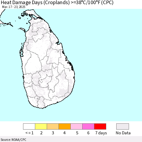 Sri Lanka Heat Damage Days (Croplands) >=38°C/100°F (CPC) Thematic Map For 3/17/2025 - 3/23/2025