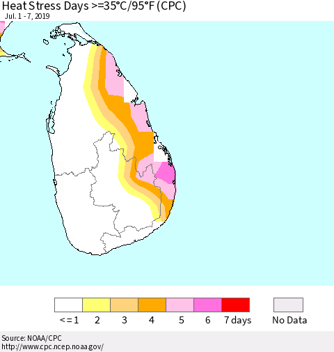 Sri Lanka Heat Stress Days >=35°C/95°F (CPC) Thematic Map For 7/1/2019 - 7/7/2019