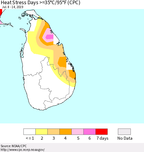 Sri Lanka Heat Stress Days >=35°C/95°F (CPC) Thematic Map For 7/8/2019 - 7/14/2019