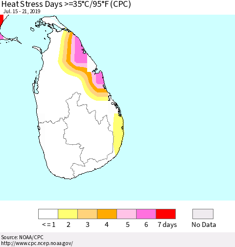 Sri Lanka Heat Stress Days >=35°C/95°F (CPC) Thematic Map For 7/15/2019 - 7/21/2019