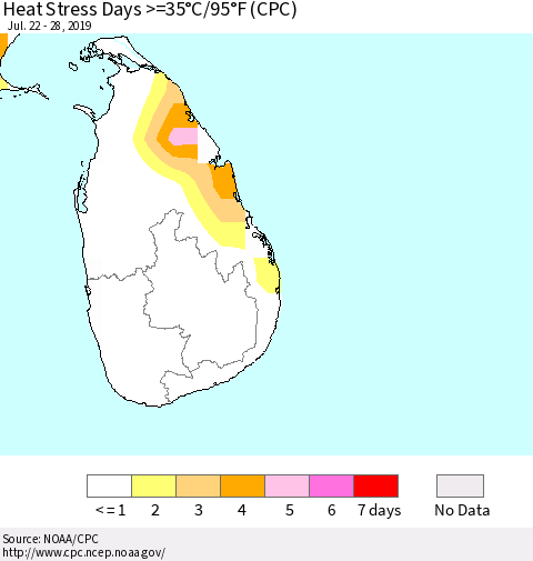 Sri Lanka Heat Stress Days >=35°C/95°F (CPC) Thematic Map For 7/22/2019 - 7/28/2019