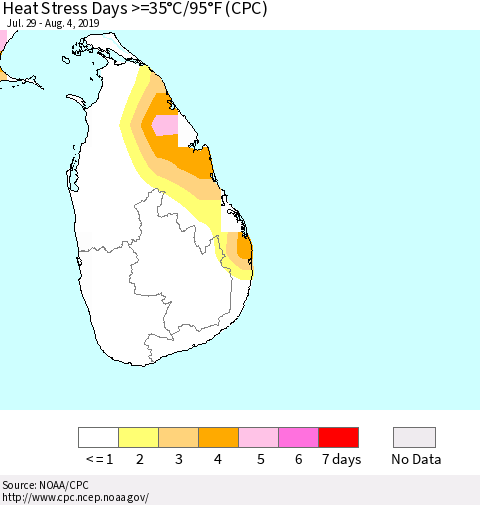 Sri Lanka Heat Stress Days >=35°C/95°F (CPC) Thematic Map For 7/29/2019 - 8/4/2019