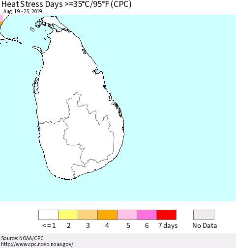 Sri Lanka Heat Stress Days >=35°C/95°F (CPC) Thematic Map For 8/19/2019 - 8/25/2019