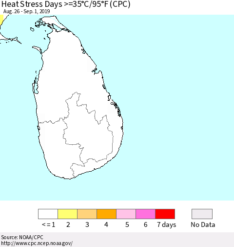 Sri Lanka Heat Stress Days >=35°C/95°F (CPC) Thematic Map For 8/26/2019 - 9/1/2019
