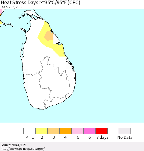Sri Lanka Heat Stress Days >=35°C/95°F (CPC) Thematic Map For 9/2/2019 - 9/8/2019