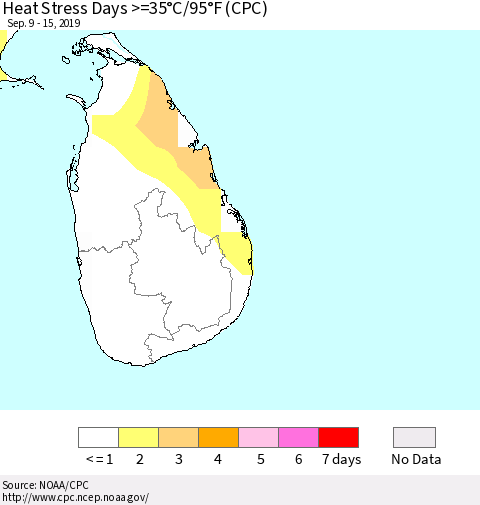Sri Lanka Heat Stress Days >=35°C/95°F (CPC) Thematic Map For 9/9/2019 - 9/15/2019