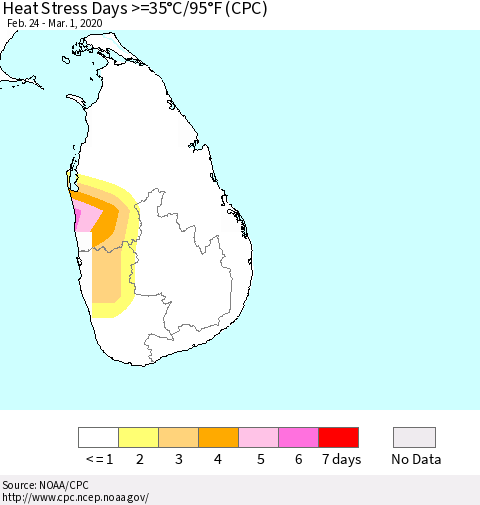 Sri Lanka Heat Stress Days >=35°C/95°F (CPC) Thematic Map For 2/24/2020 - 3/1/2020