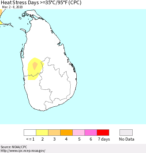 Sri Lanka Heat Stress Days >=35°C/95°F (CPC) Thematic Map For 3/2/2020 - 3/8/2020